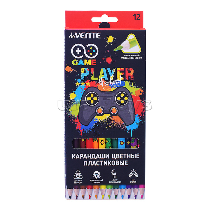 Карандаши цветные пластиковые "Game" 12 цв., 2М, диаметр грифеля 3 мм, трёхгранные