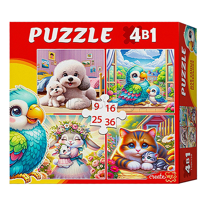 Пазлы 4 в 1 "Домашние зверушки" (9,16, 25, 36 эл.)