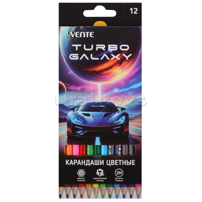 Карандаши цветные "Turbo Galaxy" 12 цветов, 2М, диаметр грифеля 2,8 мм, шестигранные, в картонной коробке