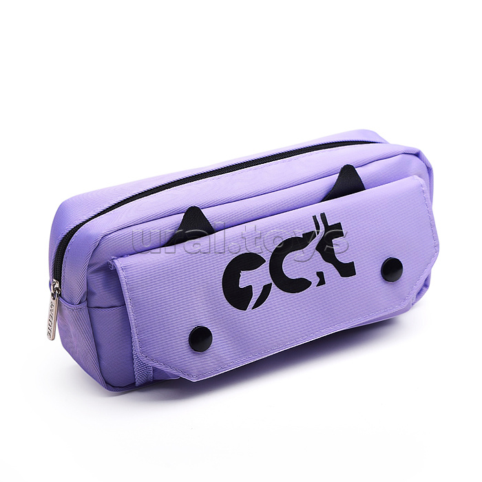 Пенал "Happy. Cat" 210x90x60 мм, плотный износостойкий полиэстер с водоотталкивающей пропиткой, отделение на молнии, прямоугольный для 70 предметов, передний карман на молнии со створкой органайзером на липучке, задний карман на молнии, сиреневый