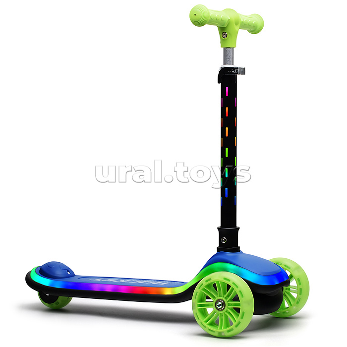 Самокат трёхколёсный ROCKET светящиеся колеса PU, дека, рулевая стойка, цвет зелено-синий
