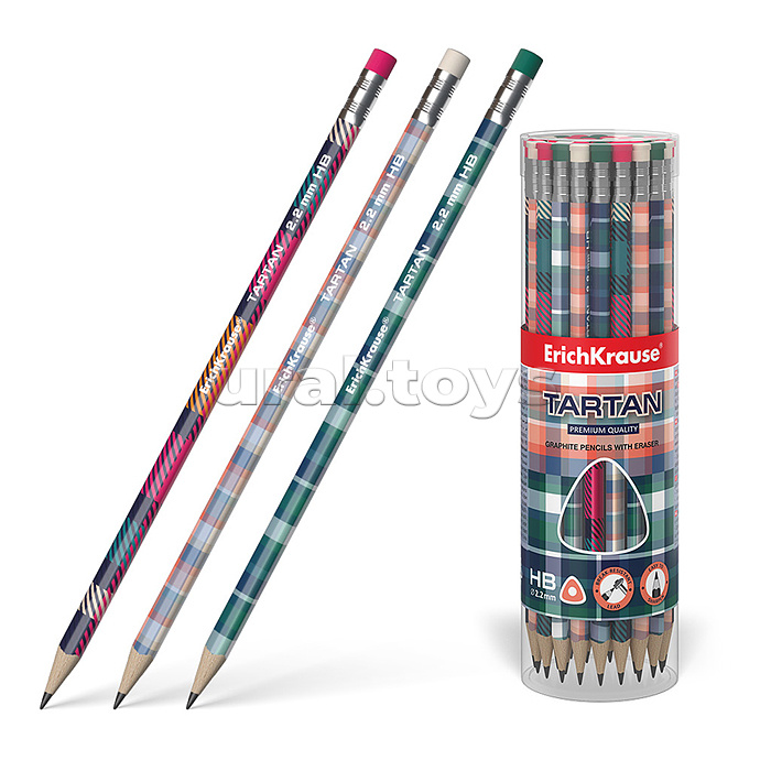 Чернографитный карандаш Tartan, трехгранный, с ластиком, HB (в тубусе по 42 шт.) Чернографитный карандаш Tartan, трехгранный, с ластиком, HB (в тубусе по 42 шт.)