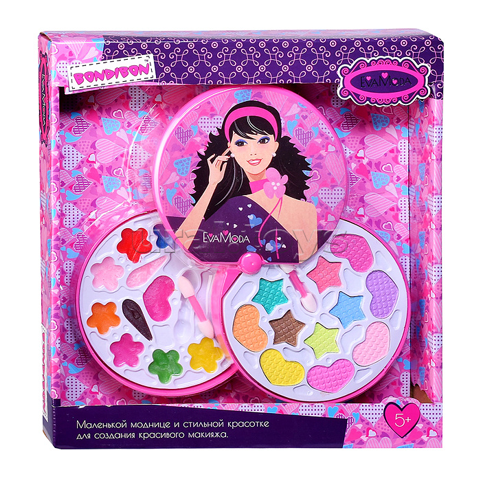 Набор детской декор. косметики Eva Moda, BOX 27,5*26*5 см; косметичка-диск, 2х-уровневая, раздвижная: крышка-зеркальце поворот на 360о, тени для век 11 оттенков (8,3г), блеск для губ 11 оттенков (7,6г), 2 аппликатора;