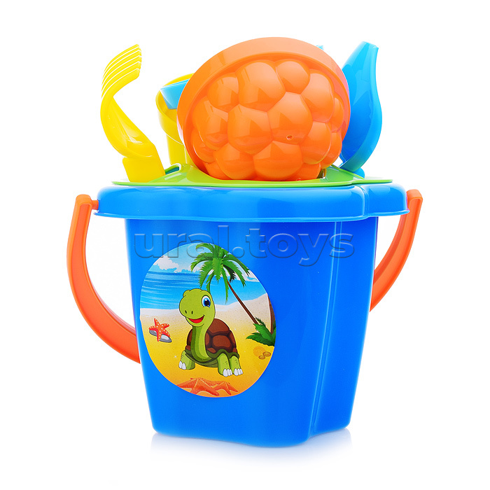 Набор №21: ведро-цветок среднее, ситечко-цветок, совок №2, грабельки №2, 3 формочки