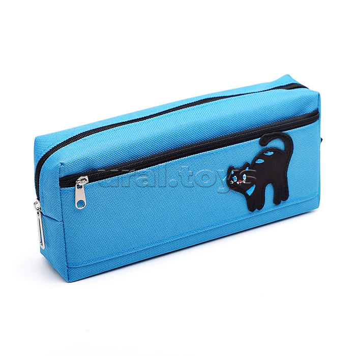 Пенал "Black Cats"  200x85x45 мм прямоугольный, плотный износостойкий полиэстер с водоотталкивающей пропиткой, прямоугольный формы для 50 предметов на молнии, наружный объемный карман на молнии, аппликация вышивка, голубой