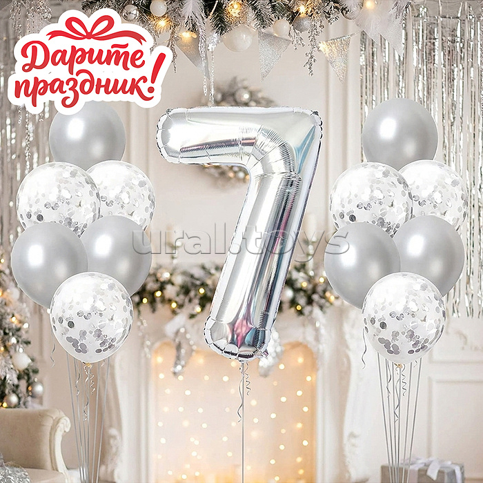 Интерьерное украшение Набор шаров "Цифра 7 и 12 шаров" цвет серебристый