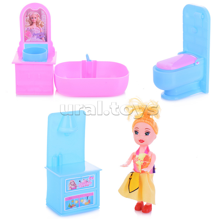 Кукла с набором мебели для ванной комнаты, в пакете