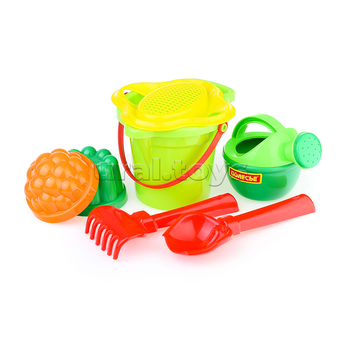 Набор №349: ведро малое с носиком, ситечко-цветок, совок №2, грабельки №2, 2 формочки, лейка малая №3