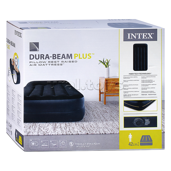 Надувная кровать 99х191х42см, с подголовником, встр.нас. 220В, до 136кг, 64122ND INTEX
