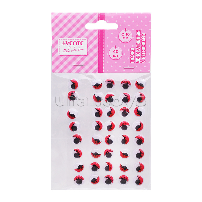 Глазки декоративные круглые пластиковые, с ресницами, цвет красный, 10 мм, 40 шт в пластиковом пакете с блистерным подвесом