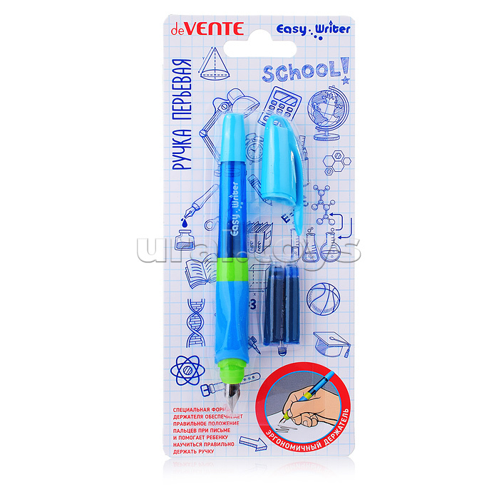 Ручка перьевая "Easy Writer" перо среднее M (Medium) с эргономичным корпусом и резиновым держателем, в комплекте с 2-мя баллончиками 0,8 мл, голубой корпус