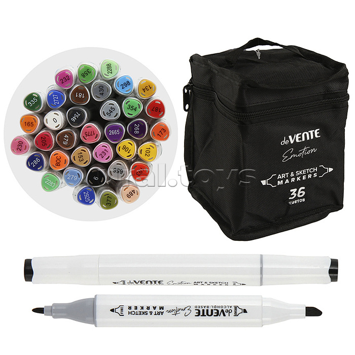 Набор маркеров для скетчинга "Emotion" 36 цветов, двусторонние (пулевидный 1 мм/скошенный до 5 мм), эргономичный трёхгранный корпус, чернила на спиртовой основе, в текстильной сумке