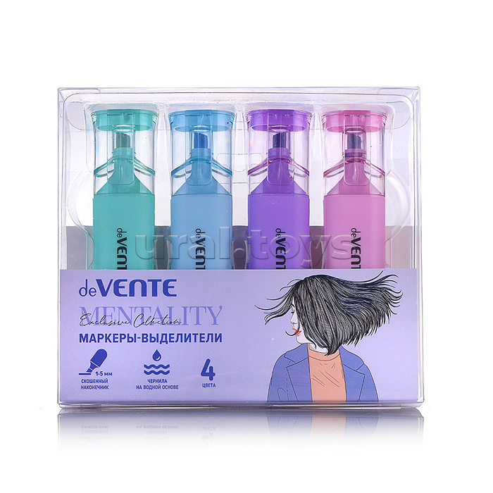 Набор маркеров-выделителей "Mentality" (4 цв - роз., сирен., мятн., салат.) плоский корпус c клипом, скошенный наконечник, ширина линии 1-5 мм, в пластиковой коробке