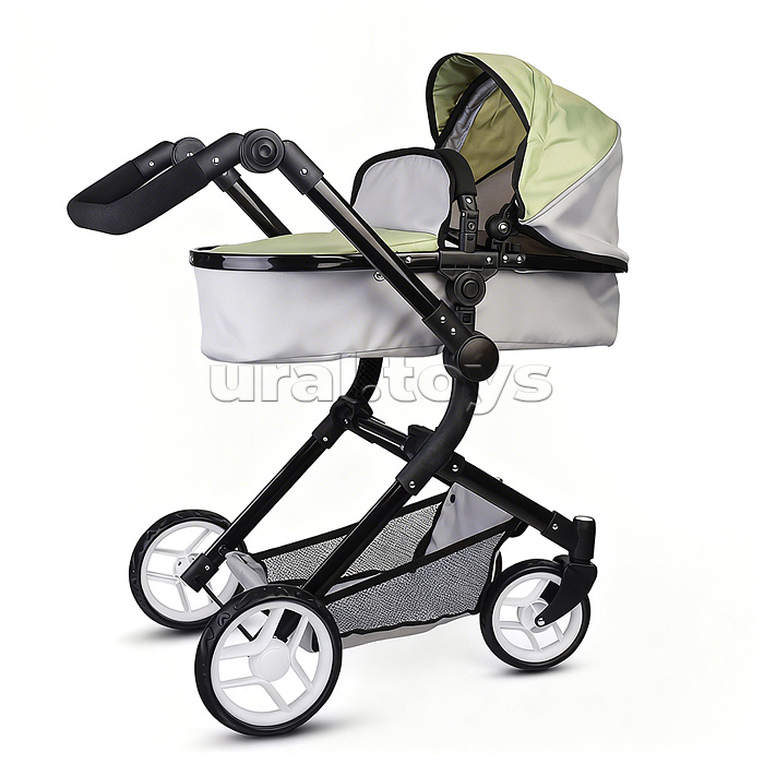 Коляская кукольная металлическая, прогулочная, с корзиной, серо-зеленая