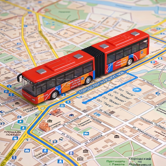 Автобус металлический городской с гармошкой, инерционный, масштаб 1:64 (красный)