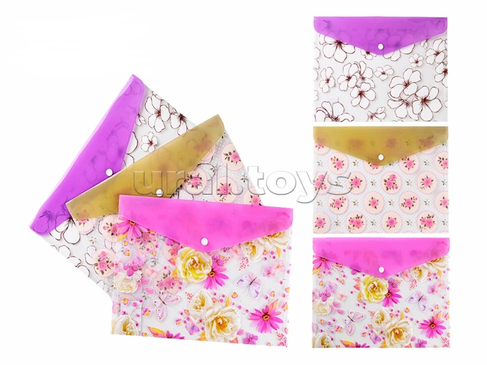 Папка канцелярская Flowers, 33.5х23.5 см, пластиковая, на кнопке, плотность 180 мкм, 4 дизайна в ассортименте