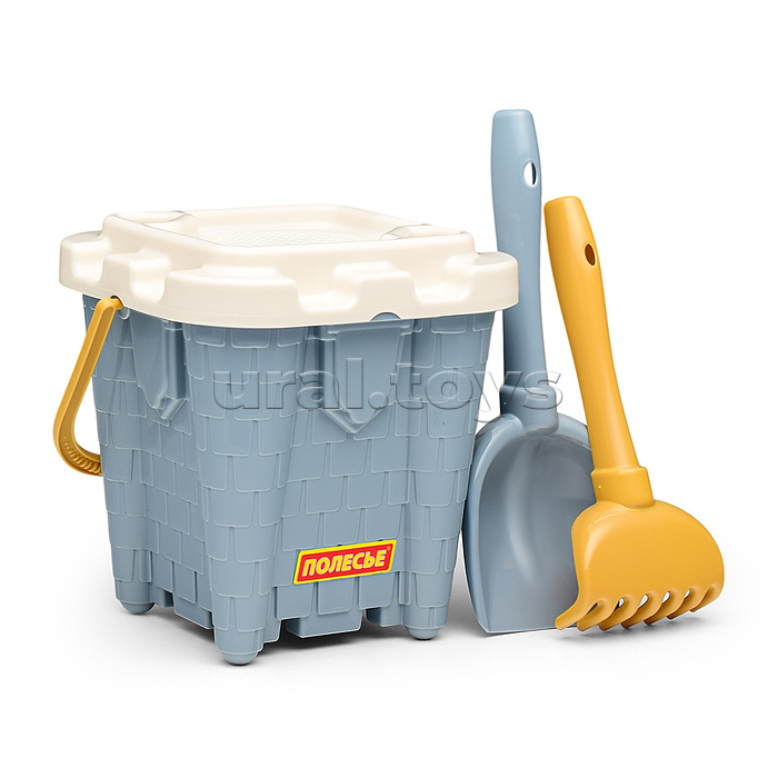 Набор №692: ведро-замок большое №2, ситечко-крепость большое, лопатка №5, грабельки №5 (серо-голубой)
