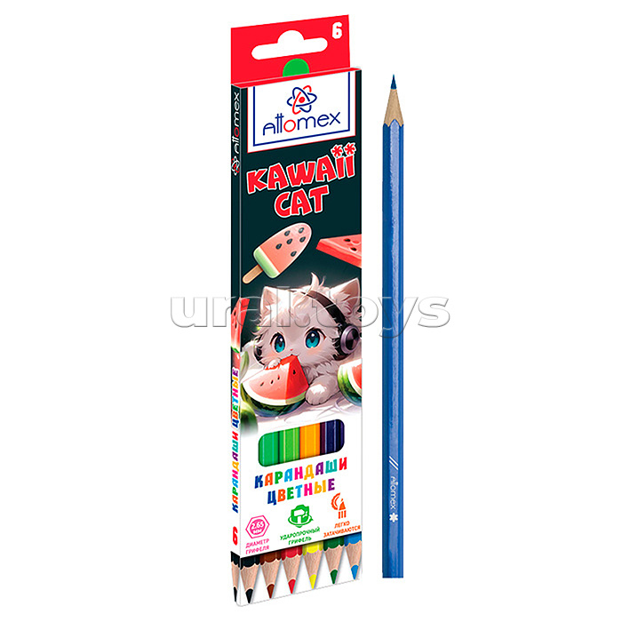 Карандаши цветные 6 цв. "Kawaii Cat" М, диаметр грифеля 2,65 мм, шестигранные, в картонной коробке Карандаши цветные 6 цв. "Kawaii Cat" М, диаметр грифеля 2,65 мм, шестигранные, в картонной коробке