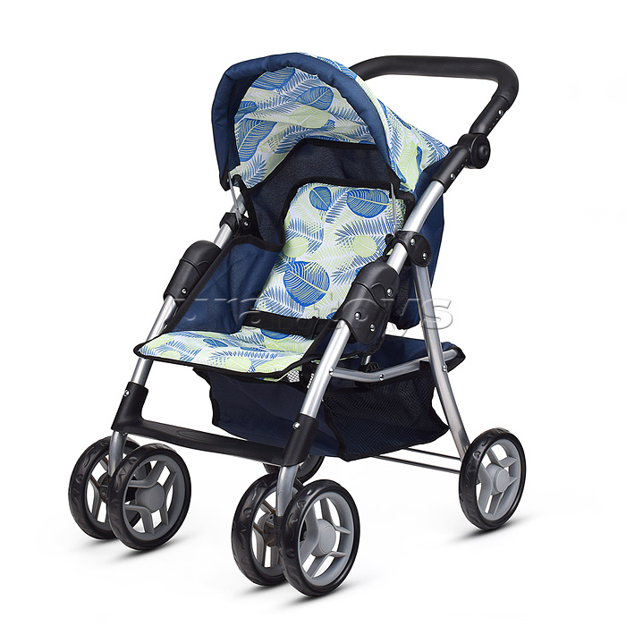Коляска для кукол металл., складная, прогулочная с козырьком, с корзиной, принт листья
