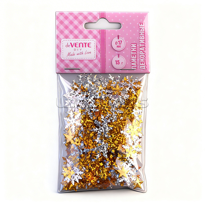 Пайетки декоративные "DIY Snowflakes"15 г, формы снежинок, золотые и серебряные, в пластиковом пакете с подвесом