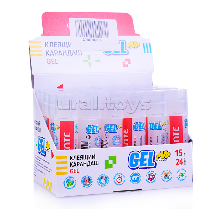 Клеящий карандаш PVP основа "Gel" 15 г, гелевый кристально-прозрачный, в картонном дисплее, с пластиковым поддоном