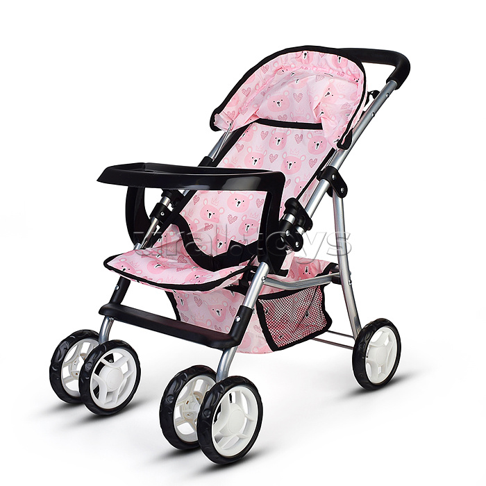 Коляская кукольная металлическая, со столиком, корзиной и козырьком, принт мишки