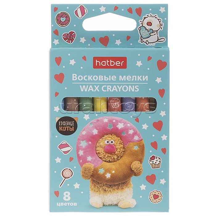 Мелки восковые 8цв. "Кофейные коты" круглый корпус диаметр 9мм в картонной коробке