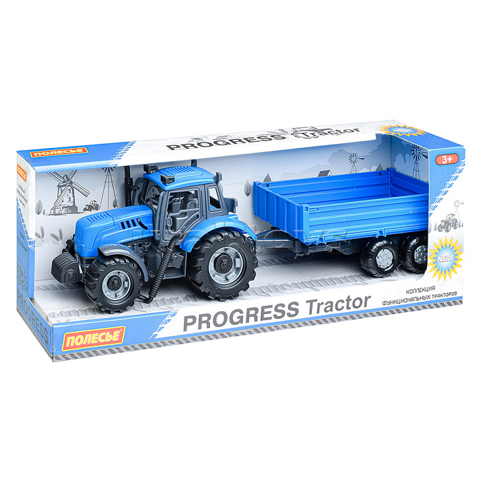 Трактор "Прогресс" с бортовым прицепом инерционный (синий) (в коробке)