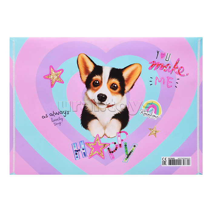 Папка-конверт на кнопке "Corgi" A4 (330x235 мм) 180 мкм, непрозрачная с рисунком, фактура песок, индивидуальная маркировка