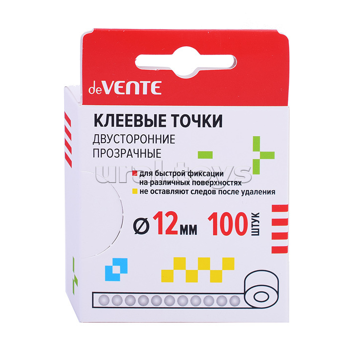 Клеевые точки двусторонние прозрачные на бумажной ленте, Ø 12 мм, 100 шт, в цветной коробке с европодвесом Клеевые точки двусторонние прозрачные на бумажной ленте, Ø 12 мм, 100 шт, в цветной коробке с европодвесом