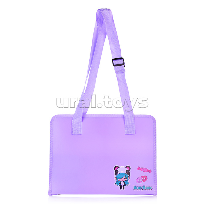 Папка для рисунков и тетрадей на круговой молнии "NicoNico" A4 (340x250x30 мм) 500 мкм, с карманом-сеткой, с регулируемыми ручками, сиреневая с рисунком