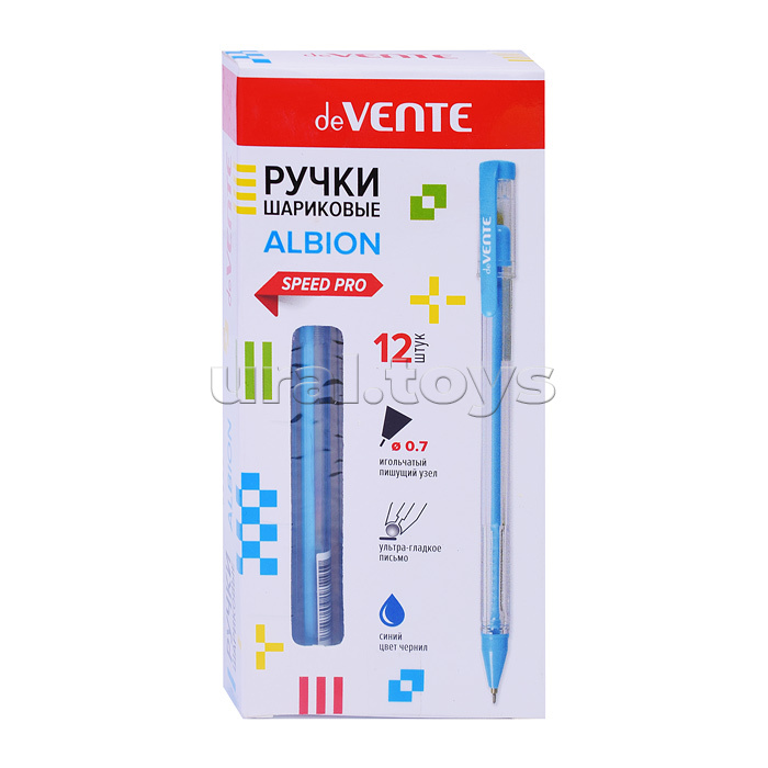 Ручка шариковая "Albion" серия Speed Pro, d=0,7 мм, ультра гладкое письмо, чернила на масляной основе, игольчатый пишущий узел, прозрачный корпус, сменный стержень, индивидуальная маркировка, синяя