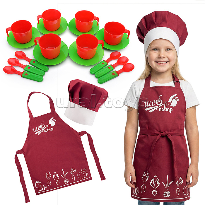 Набор "Шеф-повар" (20 предметов) (фартук, колпак,посуда) бордовый