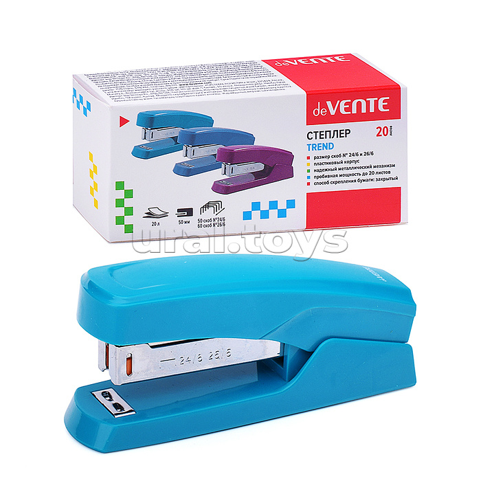 
Степлер "Trend" 24/6&26/6 (мощность 20 листов, глубина скрепления 50 мм) пластиковый, в картонной коробке, изумрудно-бирюзовый