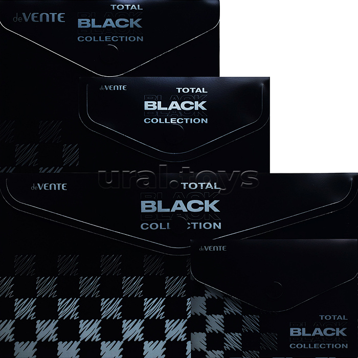 Набор папок "TOTAL BLACK" A4 (330x235 мм) 180 мкм, 4 папки, состав набора: папка-конверт на кнопке A6- (115x157 мм), папка-конверт на кнопке A6 (140x170 мм), папка-конверт на кнопке A7 (105x74 мм), папка-конверт на кнопке DL (260x140 мм), с дизайном, в пл