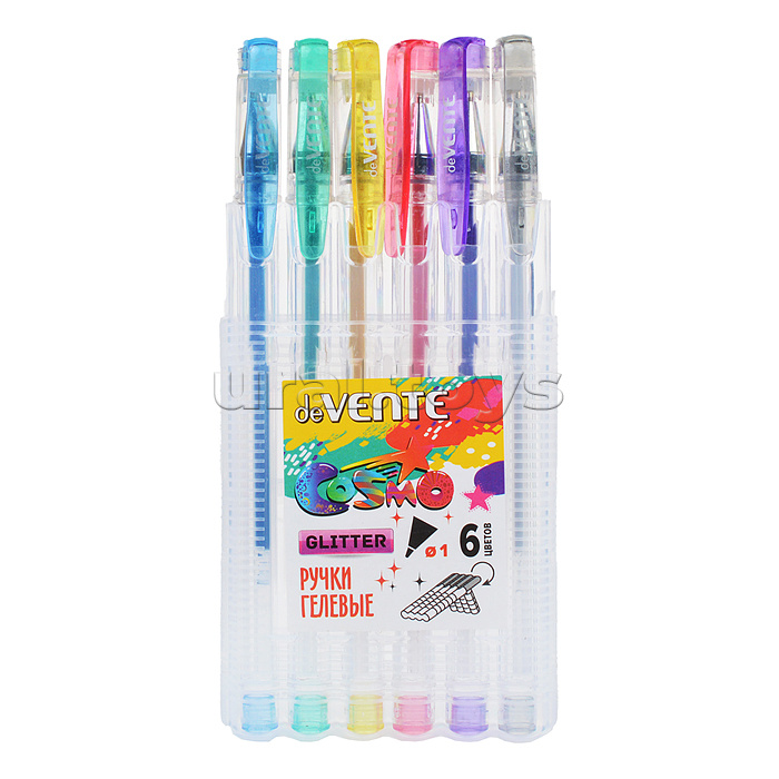 Набор ручек гелевых 6 цв. с блестками "Cosmo Glitter" d=1 мм, прозрачный корпус