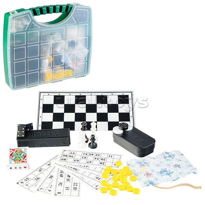 Набор из 6 игр "В Путь-Дорогу" в пластиковом чемоданчике (шахматы обиходные пластик., лото пластик с карточками, домино, шашки, карты(54л), зарики(кости) + 2 доски шахматные картонные, + инструкция 7 игр в кости)
