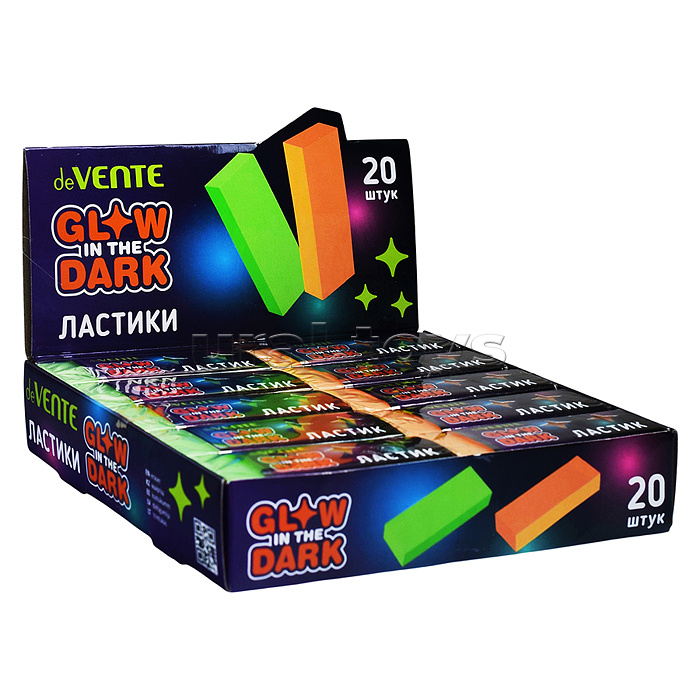 Ластик "Glow in the Dark" синтетический каучук с добавлением люминофора, прямоугольный, 60x21x10 мм, обладает временным эффектом свечения в темноте после воздействия ультрафиолетового излучения, 2 цвета микс, индивидуальная маркировка, в картонной коробке