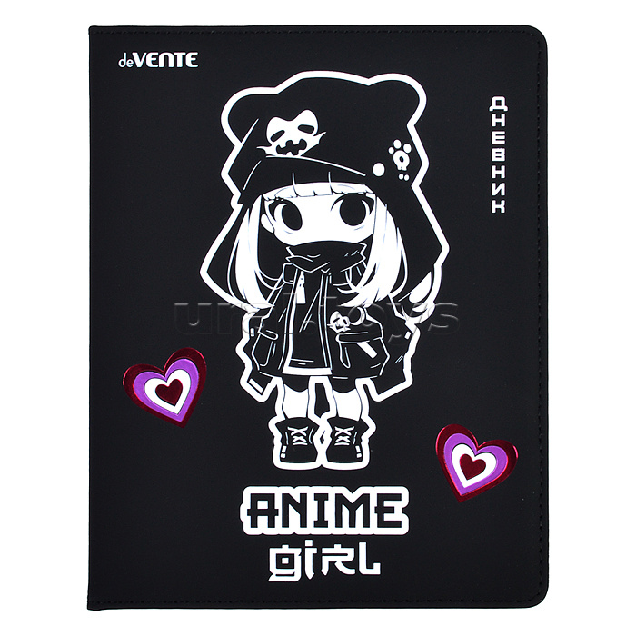 Дневник 1-11 кл. "Anime Girl" 48 листов, белая бумага 80 г/м2, печать в 1 краску, твердая обложка из искусственной кожи с поролоном, шелкография, отстрочка, 1 ляссе