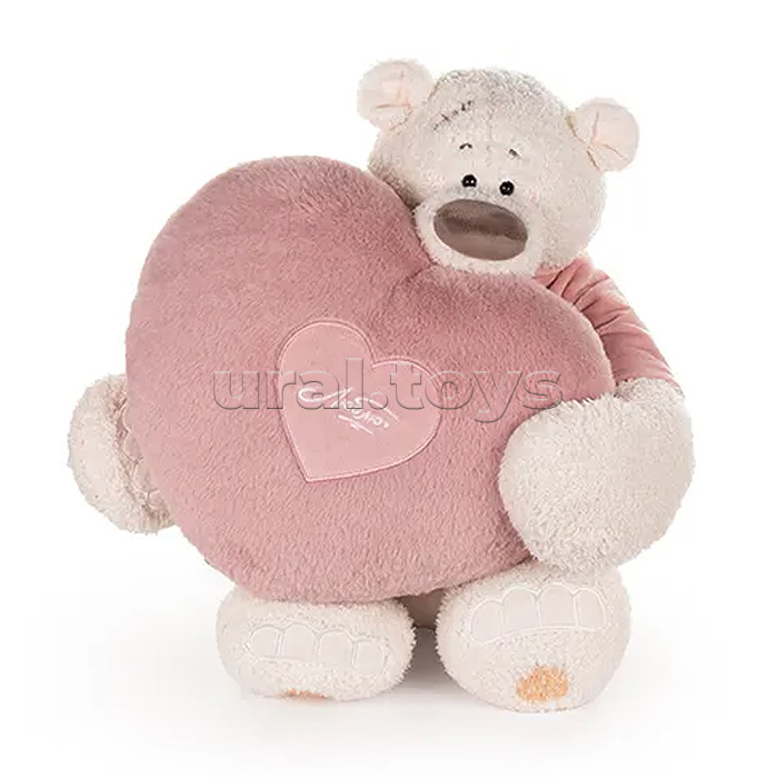 Медведь Тато в майке т. пудровой, с сердцем подушкой т. пудр 37см
