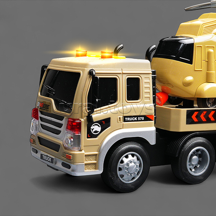 Машина "Военный длиномер" с вертолетом и динозавром, 1:16 (свет, звук) в коробке