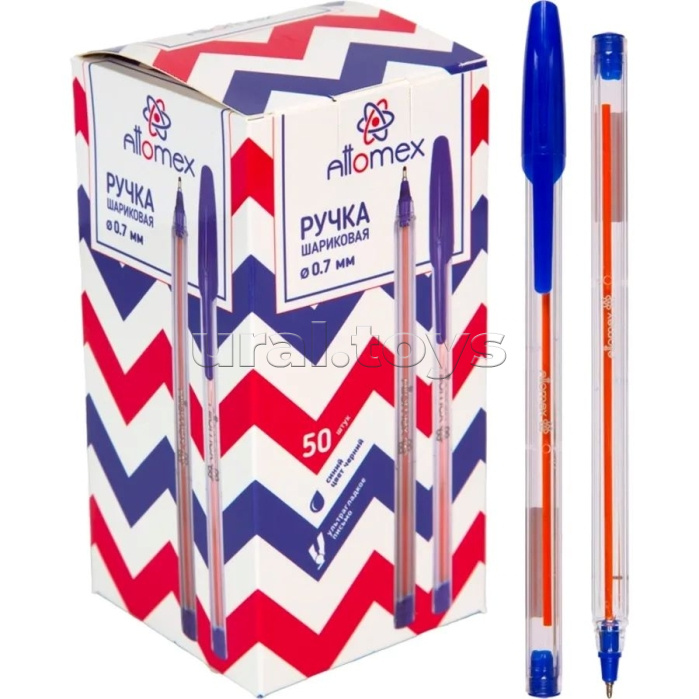 Ручка шариковая "Attomex" d=0,7 мм, ультра гладкое письмо, чернила на масляной основе, прозрачный корпус, сменный стержень, индивидуальная маркировка, в картонной коробке, синяя