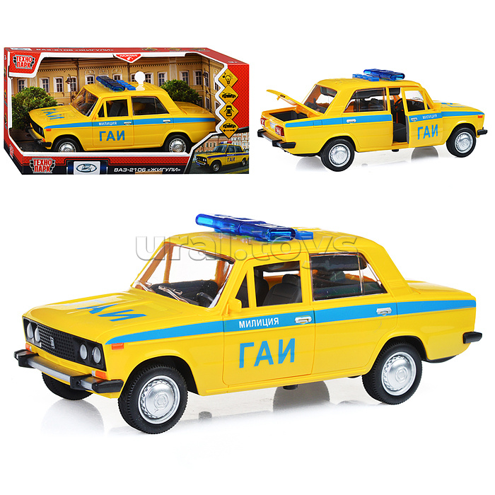 Машина пластик ВАЗ-2106 Милиция 22 см, (свет-звук, двери, желтый)инерц, в коробке