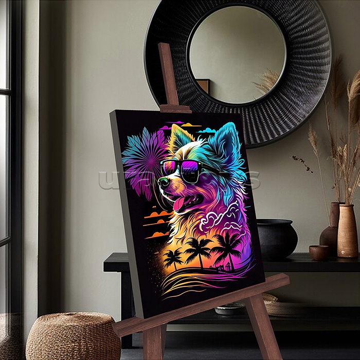 Картина по номерам 30х40 "Неоновый пес" черный холст, светящаяся краска, цветная схема (19 цветов)