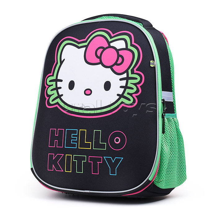 Рюкзак каркасный, Hello Kitty Neon формованный из полимеров, материал: нейлон, полиэстер, полноцветная печат, 2 отделения на молнии, 2 бегунка на каждой молнии, 1 вместительный боковой карман, светоотражатели , жесткая эргономичная спинка;  широкие, регул