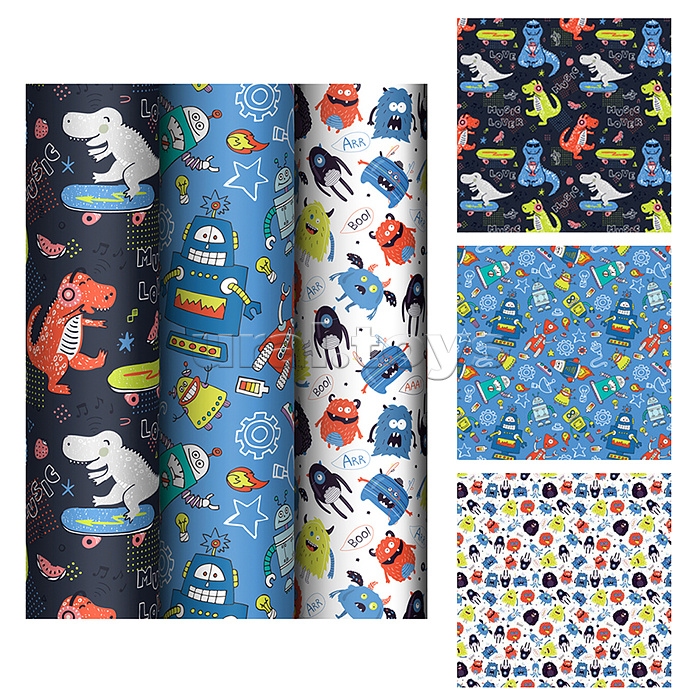 Упаковочная бумага глянц. 70*100см, "Monsters", 80 г/м2, ассорти, 3 дизайна Упаковочная бумага глянц. 70*100см, "Monsters", 80 г/м2, ассорти, 3 дизайна