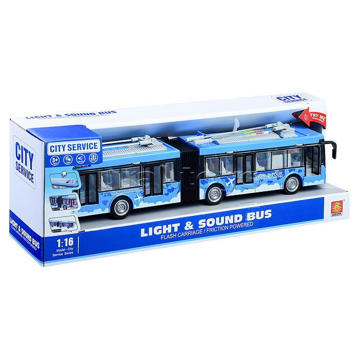 Троллейбус 1:16 (свет, звук) на батарейках, в коробке