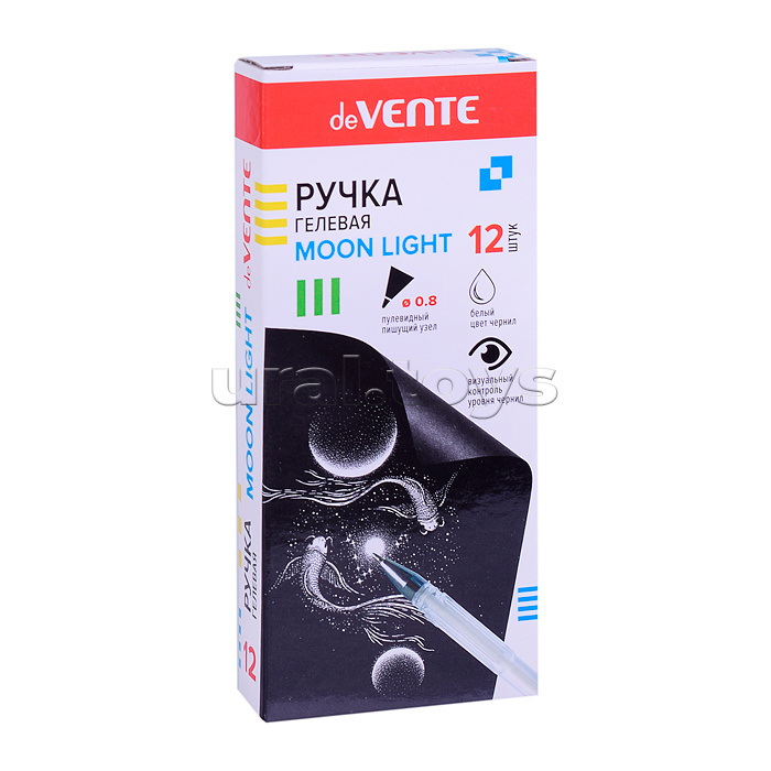 Ручка гелевая "Moonlight" d=0,8 мм, белые чернила с эффектом Highlighter, для рисования на черной бумаге, прозрачный корпус с металлическим наконечником, сменный стержень, индивидуальная маркировка