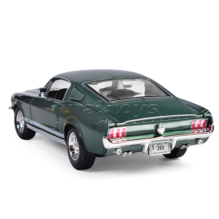 Машинка die-cast 1967 Ford Mustang Fastback, 1:18, тёмно-зеленая, открывающиеся двери