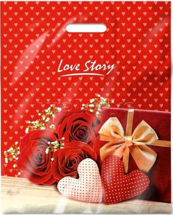 Пакет ПЭ с вырубной ручкой 38х47, 60мкм "Лав стори " ламинированный